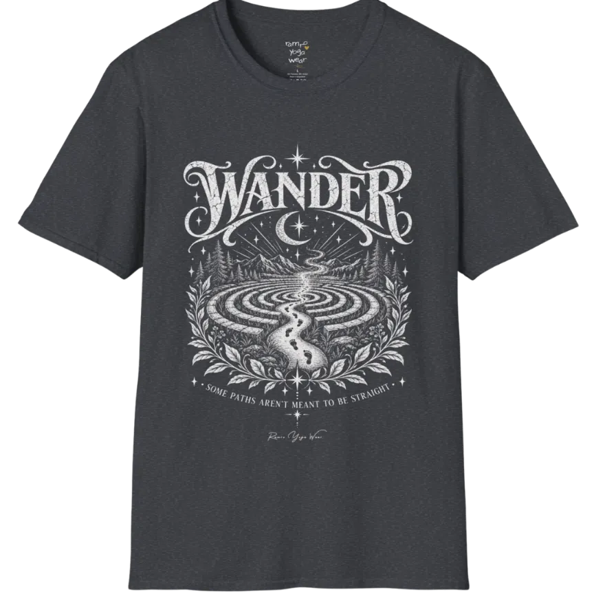 Wander T-Shirt, short sleeved, flat lay with a winding labyrinth path fading into starlit mist — vintage engraved graphic tee by Ramro Yoga Wear in Dark Heather Grey.