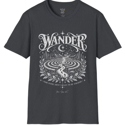 Wander T-Shirt, short sleeved, flat lay with a winding labyrinth path fading into starlit mist — vintage engraved graphic tee by Ramro Yoga Wear in Dark Heather Grey.