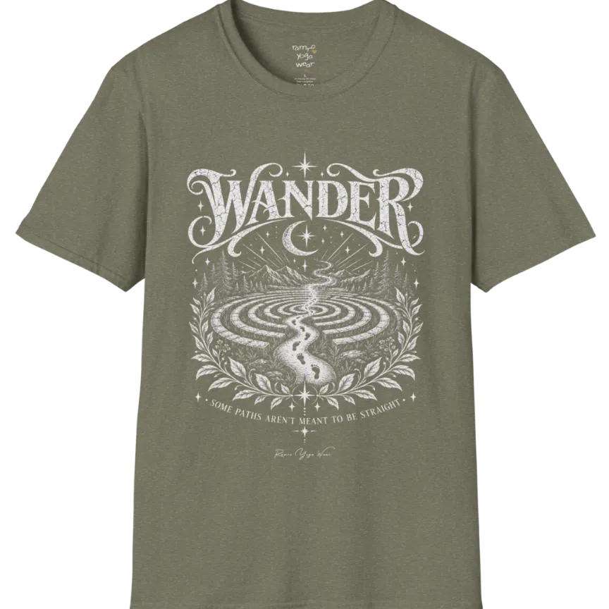 Wander T-Shirt, short sleeved, flat lay with a winding labyrinth path fading into starlit mist — vintage engraved graphic tee by Ramro Yoga Wear in Heather Military Green.