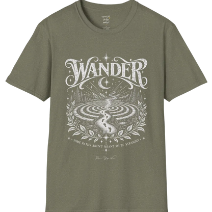 Wander T-Shirt, short sleeved, flat lay with a winding labyrinth path fading into starlit mist — vintage engraved graphic tee by Ramro Yoga Wear in Heather Military Green.