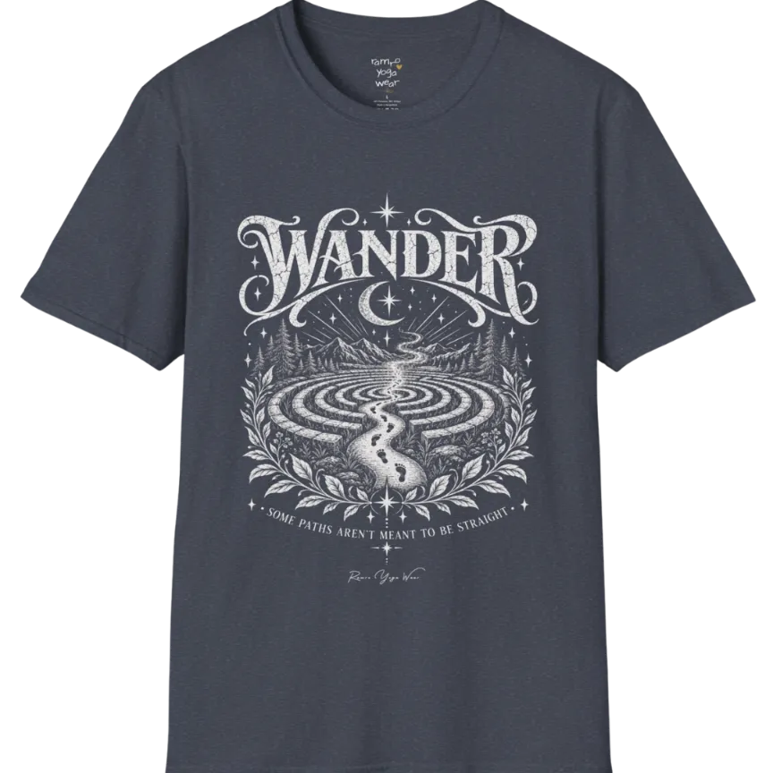 Wander T-Shirt, short sleeved, flat lay with a winding labyrinth path fading into starlit mist — vintage engraved graphic tee by Ramro Yoga Wear in Heather Navy.