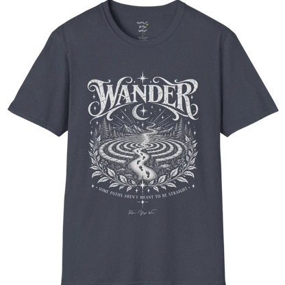 Wander T-Shirt, short sleeved, flat lay with a winding labyrinth path fading into starlit mist — vintage engraved graphic tee by Ramro Yoga Wear in Heather Navy.