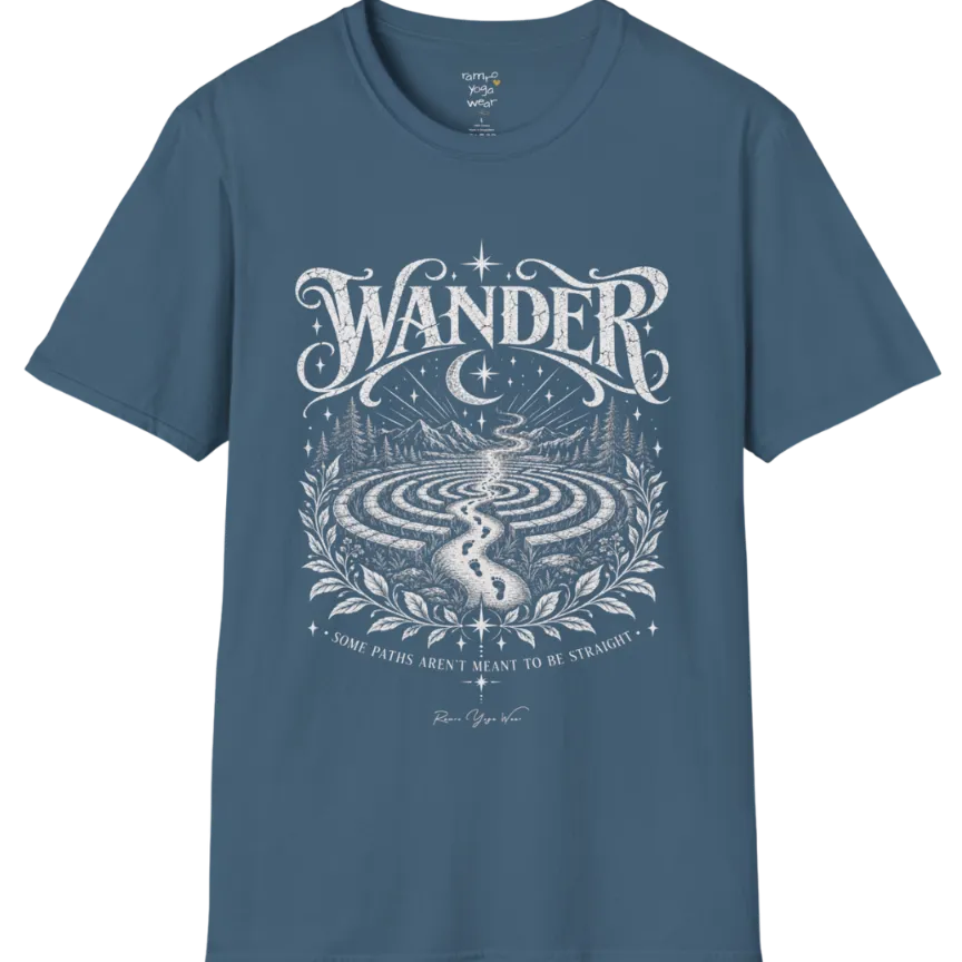 Wander T-Shirt, short sleeved, flat lay with a winding labyrinth path fading into starlit mist — vintage engraved graphic tee by Ramro Yoga Wear in Indigo Blue.