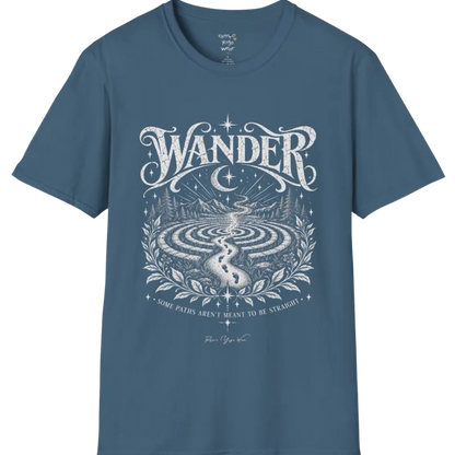 Wander T-Shirt, short sleeved, flat lay with a winding labyrinth path fading into starlit mist — vintage engraved graphic tee by Ramro Yoga Wear in Indigo Blue.