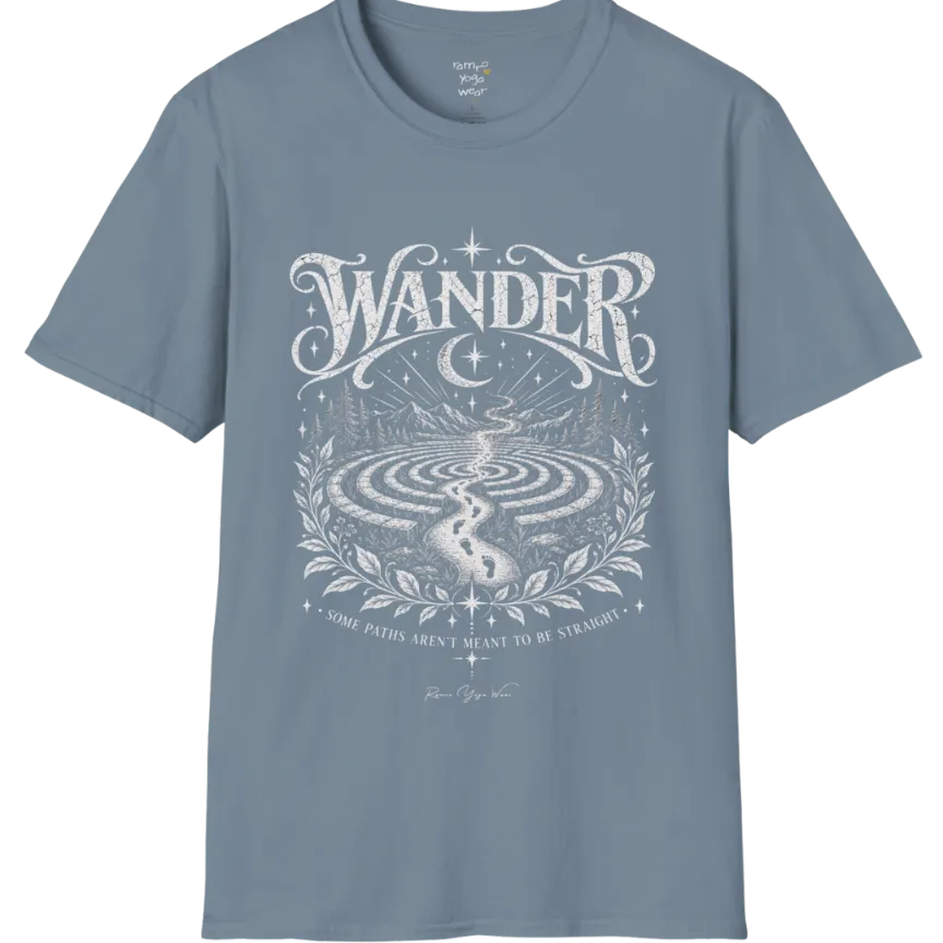 Wander T-Shirt, short sleeved, flat lay with a winding labyrinth path fading into starlit mist — vintage engraved graphic tee by Ramro Yoga Wear in Stone Blue.