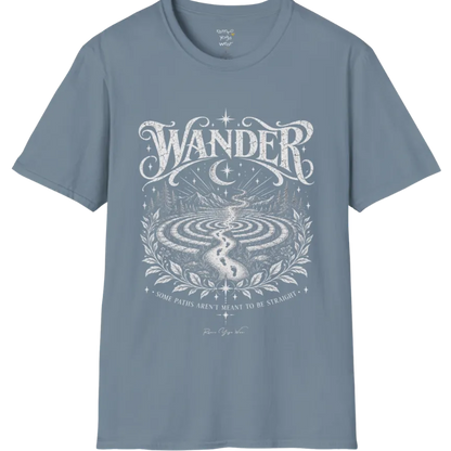 Wander T-Shirt, short sleeved, flat lay with a winding labyrinth path fading into starlit mist — vintage engraved graphic tee by Ramro Yoga Wear in Stone Blue.
