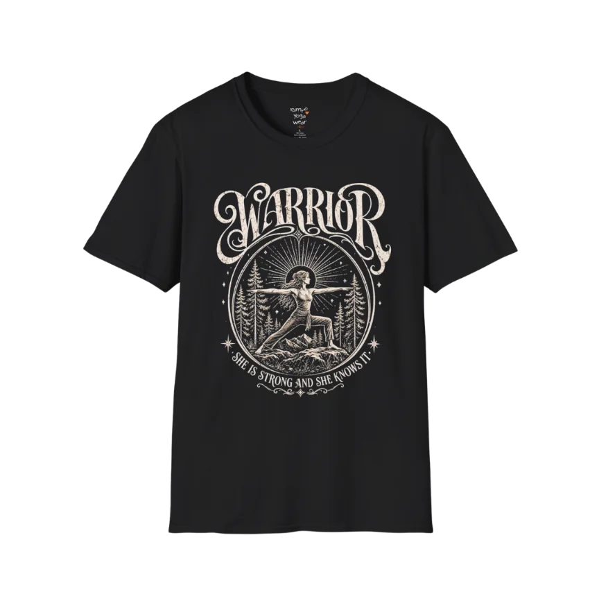 Black Warrior T-Shirt featuring celestial warrior yoga artwork with grounded spiritual energy.