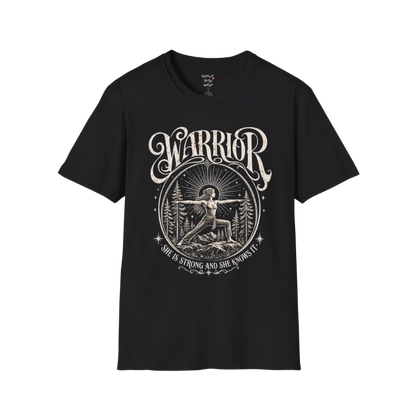 Black Warrior T-Shirt featuring celestial warrior yoga artwork with grounded spiritual energy.