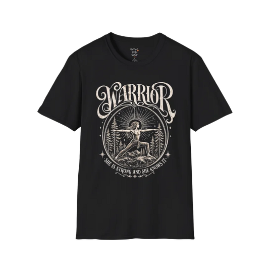 Black Warrior T-Shirt featuring celestial warrior yoga artwork with grounded spiritual energy.
