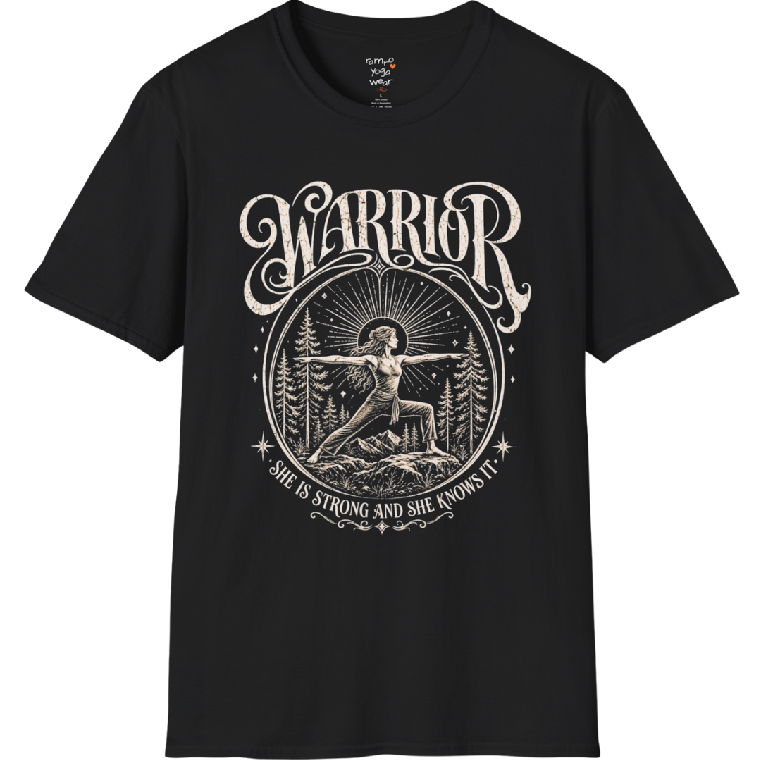 Black Warrior T-Shirt featuring celestial warrior yoga artwork with grounded spiritual energy.
