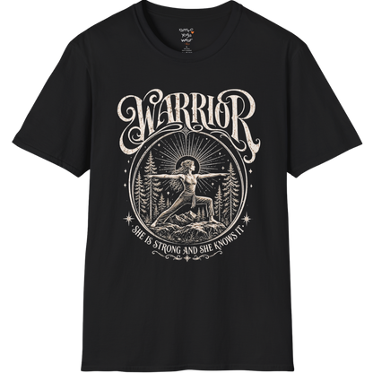 Black Warrior T-Shirt featuring celestial warrior yoga artwork with grounded spiritual energy.
