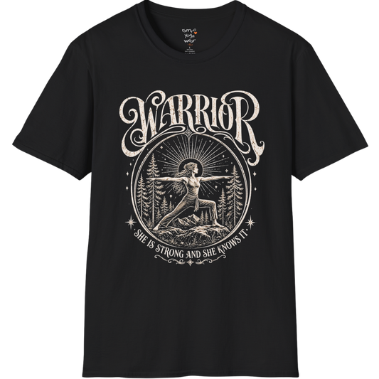 Black Warrior T-Shirt featuring celestial warrior yoga artwork with grounded spiritual energy.