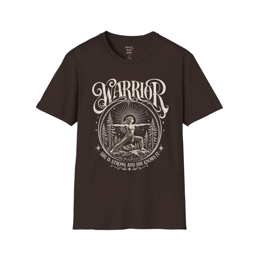 Dark Chocolate Warrior T-Shirt with vintage-inspired warrior graphic and earthy mindful aesthetic.