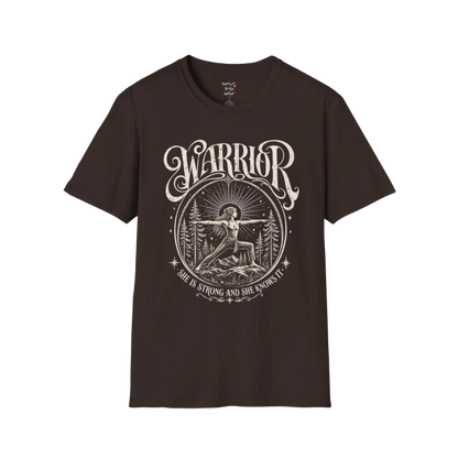 Dark Chocolate Warrior T-Shirt with vintage-inspired warrior graphic and earthy mindful aesthetic.