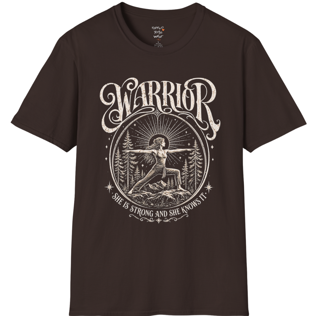 Dark Chocolate Warrior T-Shirt with vintage-inspired warrior graphic and earthy mindful aesthetic.