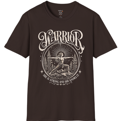 Dark Chocolate Warrior T-Shirt with vintage-inspired warrior graphic and earthy mindful aesthetic.