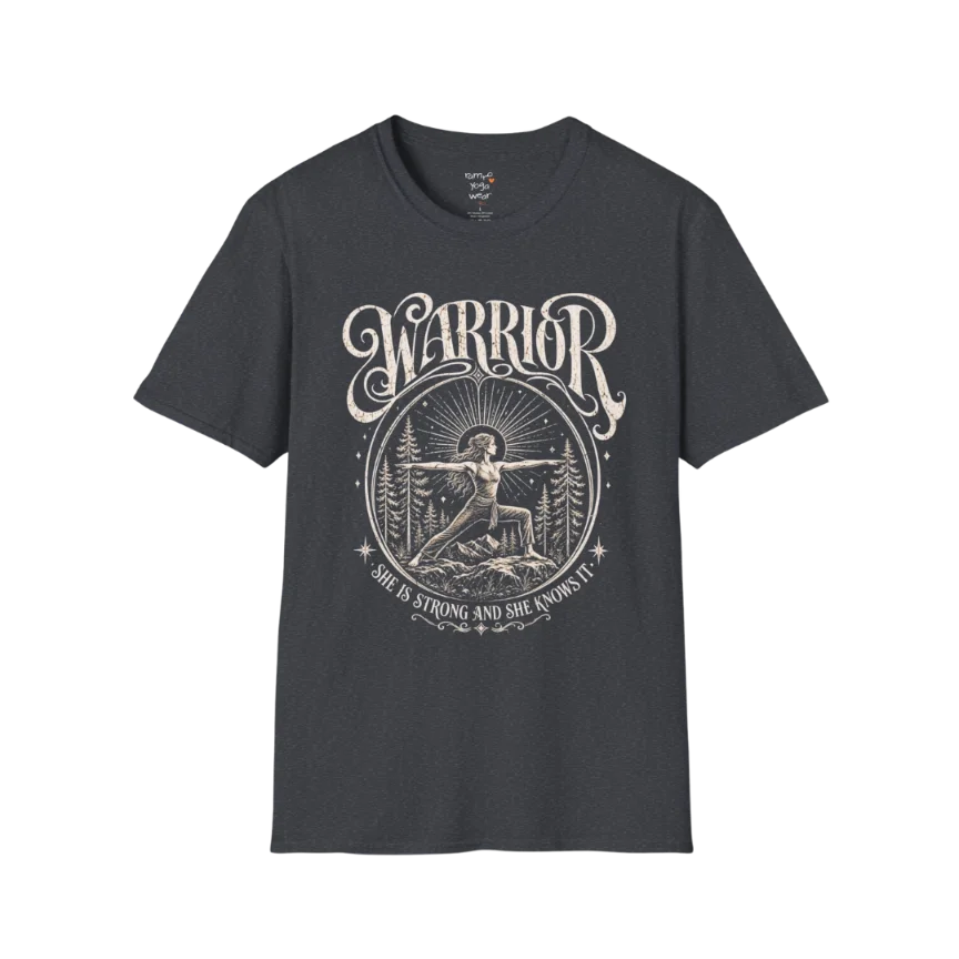 Dark Heather Grey Warrior T-Shirt featuring spiritual warrior artwork with relaxed editorial styling.