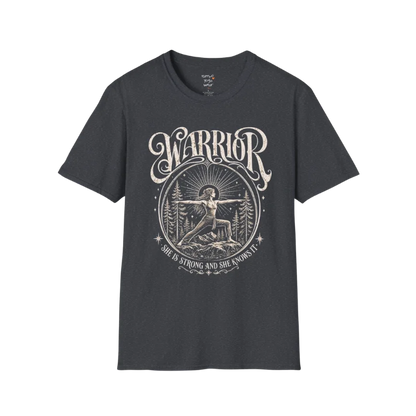 Dark Heather Grey Warrior T-Shirt featuring spiritual warrior artwork with relaxed editorial styling.