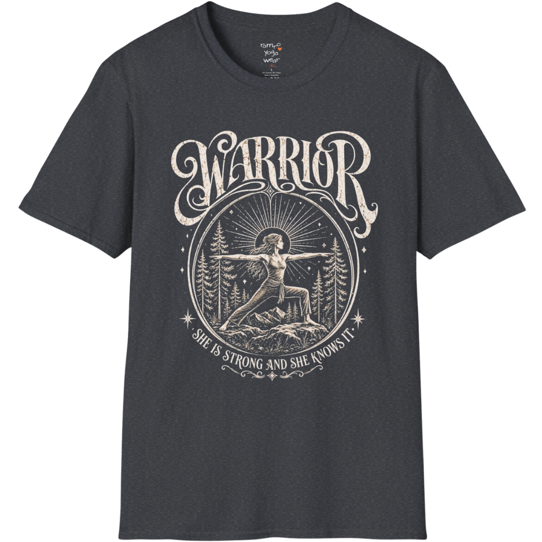 Dark Heather Grey Warrior T-Shirt featuring spiritual warrior artwork with relaxed editorial styling.