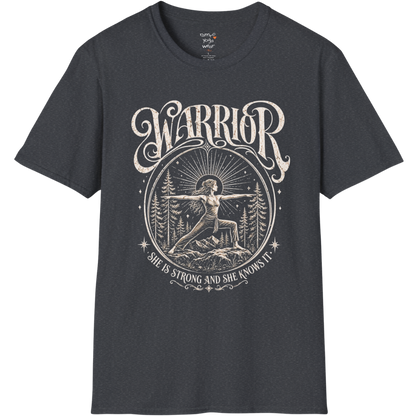 Dark Heather Grey Warrior T-Shirt featuring spiritual warrior artwork with relaxed editorial styling.
