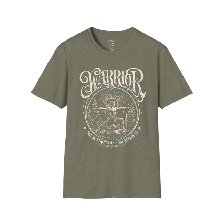 Heather Military Green Warrior T-Shirt with celestial warrior design and grounded yoga-inspired energy.