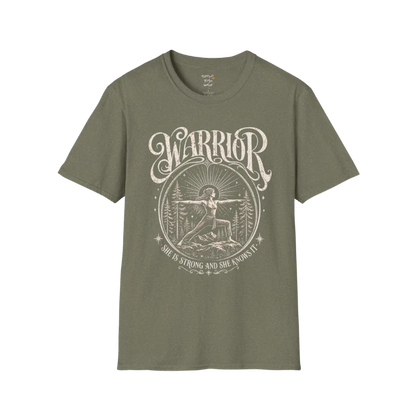 Heather Military Green Warrior T-Shirt with celestial warrior design and grounded yoga-inspired energy.
