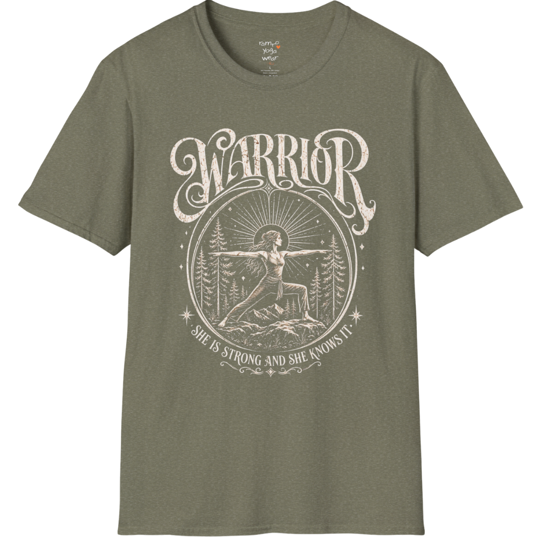 Heather Military Green Warrior T-Shirt with celestial warrior design and grounded yoga-inspired energy.