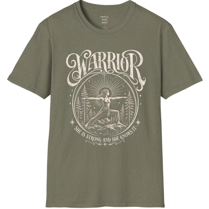 Heather Military Green Warrior T-Shirt with celestial warrior design and grounded yoga-inspired energy.