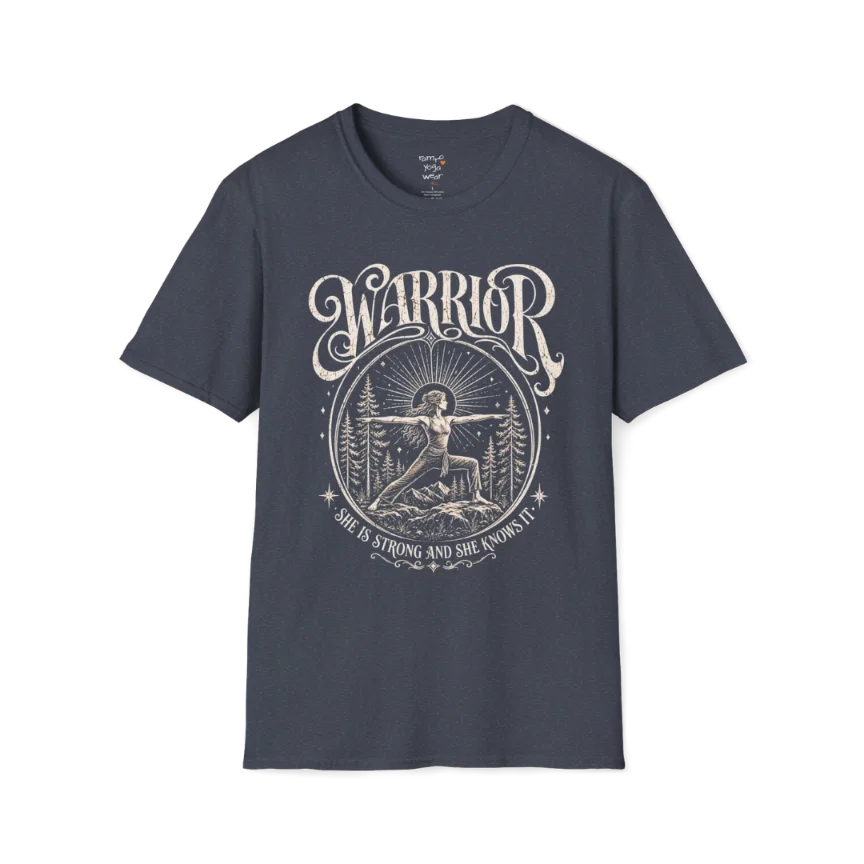 Heather Navy Warrior T-Shirt featuring vintage spiritual warrior artwork with calm mindful styling.