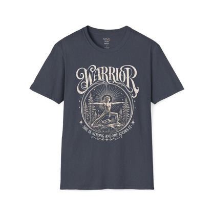 Heather Navy Warrior T-Shirt featuring vintage spiritual warrior artwork with calm mindful styling.
