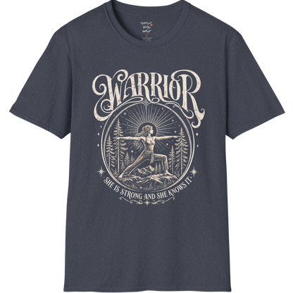 Heather Navy Warrior T-Shirt featuring vintage spiritual warrior artwork with calm mindful styling.