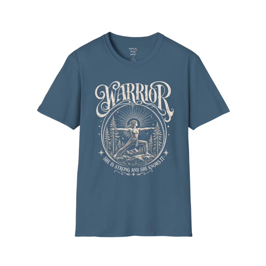 Indigo Blue Warrior T-Shirt featuring spiritual warrior artwork with calm editorial yoga aesthetic.
