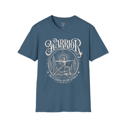 Indigo Blue Warrior T-Shirt featuring spiritual warrior artwork with calm editorial yoga aesthetic.