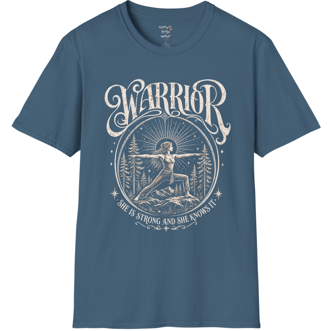 Indigo Blue Warrior T-Shirt featuring spiritual warrior artwork with calm editorial yoga aesthetic.