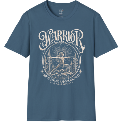 Indigo Blue Warrior T-Shirt featuring spiritual warrior artwork with calm editorial yoga aesthetic.