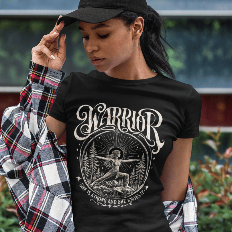 Ramro Yoga Wear Warrior tee in Black — celestial warrior yoga pose vintage design, urban street lifestyle shot