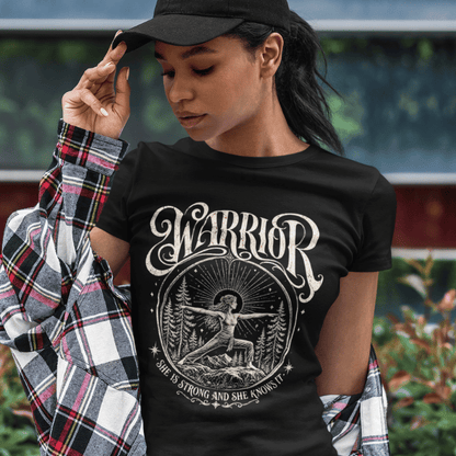 Ramro Yoga Wear Warrior tee in Black — celestial warrior yoga pose vintage design, urban street lifestyle shot