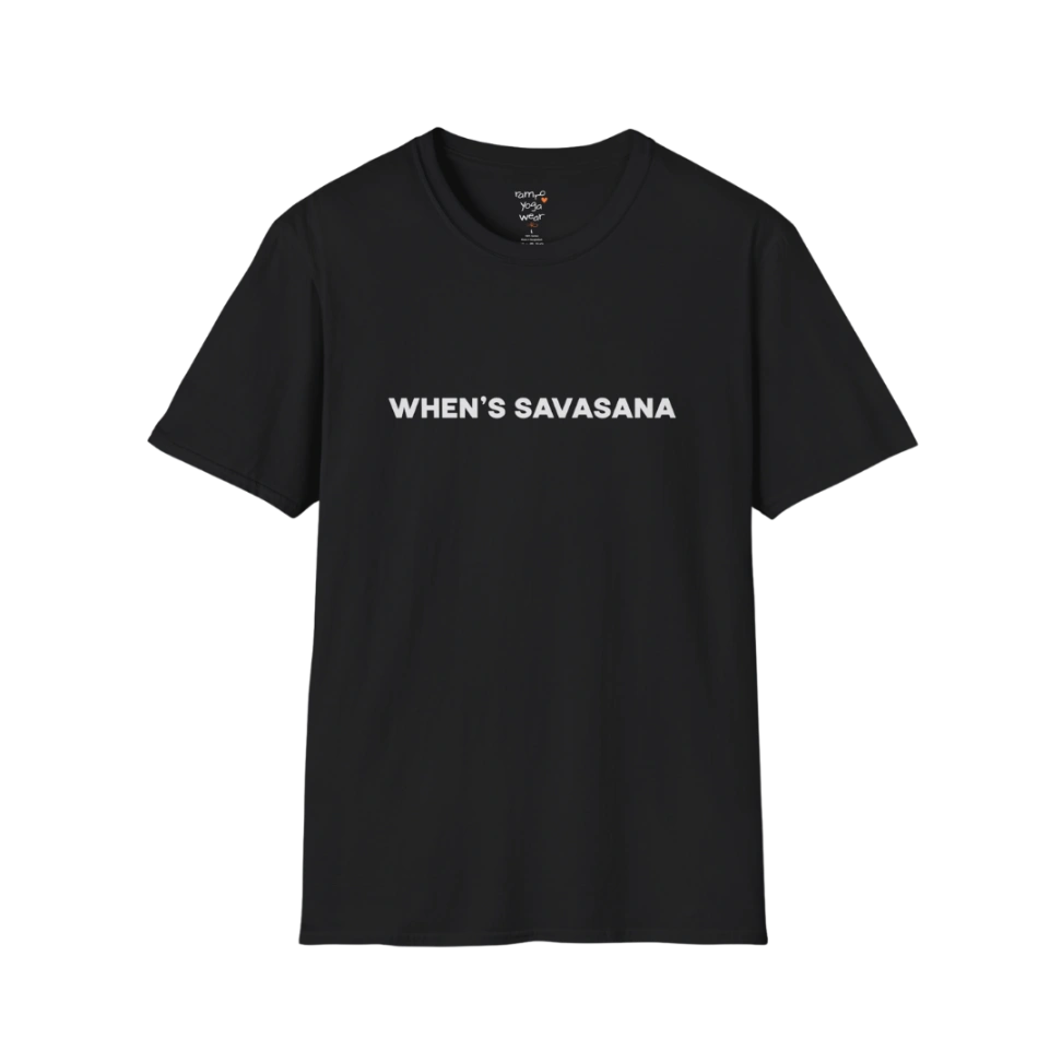 "When's Savasana" typography design on Black tee — The Vault collection by Ramro Yoga Wear