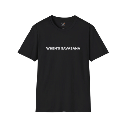 "When's Savasana" typography design on Black tee — The Vault collection by Ramro Yoga Wear
