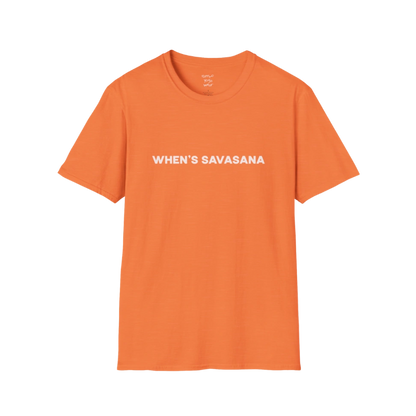 "When's Savasana" typography design on Heather Orange tee — The Vault collection by Ramro Yoga Wear
