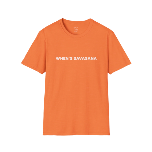 Whens Savasana T-Shirt Heather Orange with minimalist yoga quote. Lightweight yoga shirt with playful energy and relaxed fit.