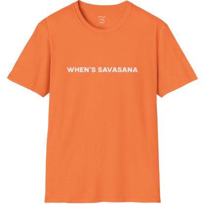 "When's Savasana" typography design on Heather Orange tee — The Vault collection by Ramro Yoga Wear