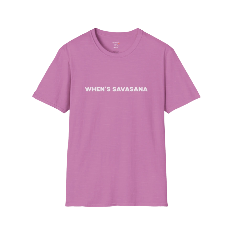 "When's Savasana" typography design on Heather Radiant Orchid tee — The Vault collection by Ramro Yoga Wear
