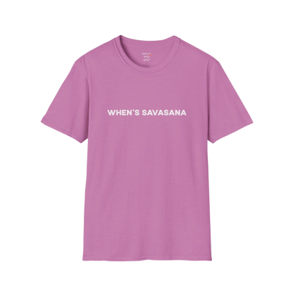 "When's Savasana" typography design on Heather Radiant Orchid tee — The Vault collection by Ramro Yoga Wear