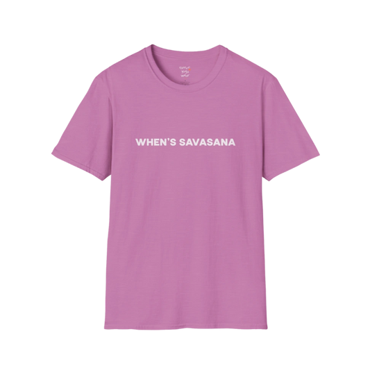 "When's Savasana" typography design on Heather Radiant Orchid tee — The Vault collection by Ramro Yoga Wear