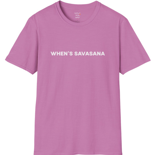 "When's Savasana" typography design on Heather Radiant Orchid tee — The Vault collection by Ramro Yoga Wear