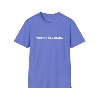 "When's Savasana" typography design on Heather Royal tee — The Vault collection by Ramro Yoga Wear
