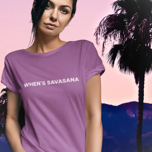 Whens Savasana T-Shirt Lifestyle 1 featuring model in relaxed outdoor setting. Minimalist yoga tee styled for casual streetwear with calm, confident vibe.