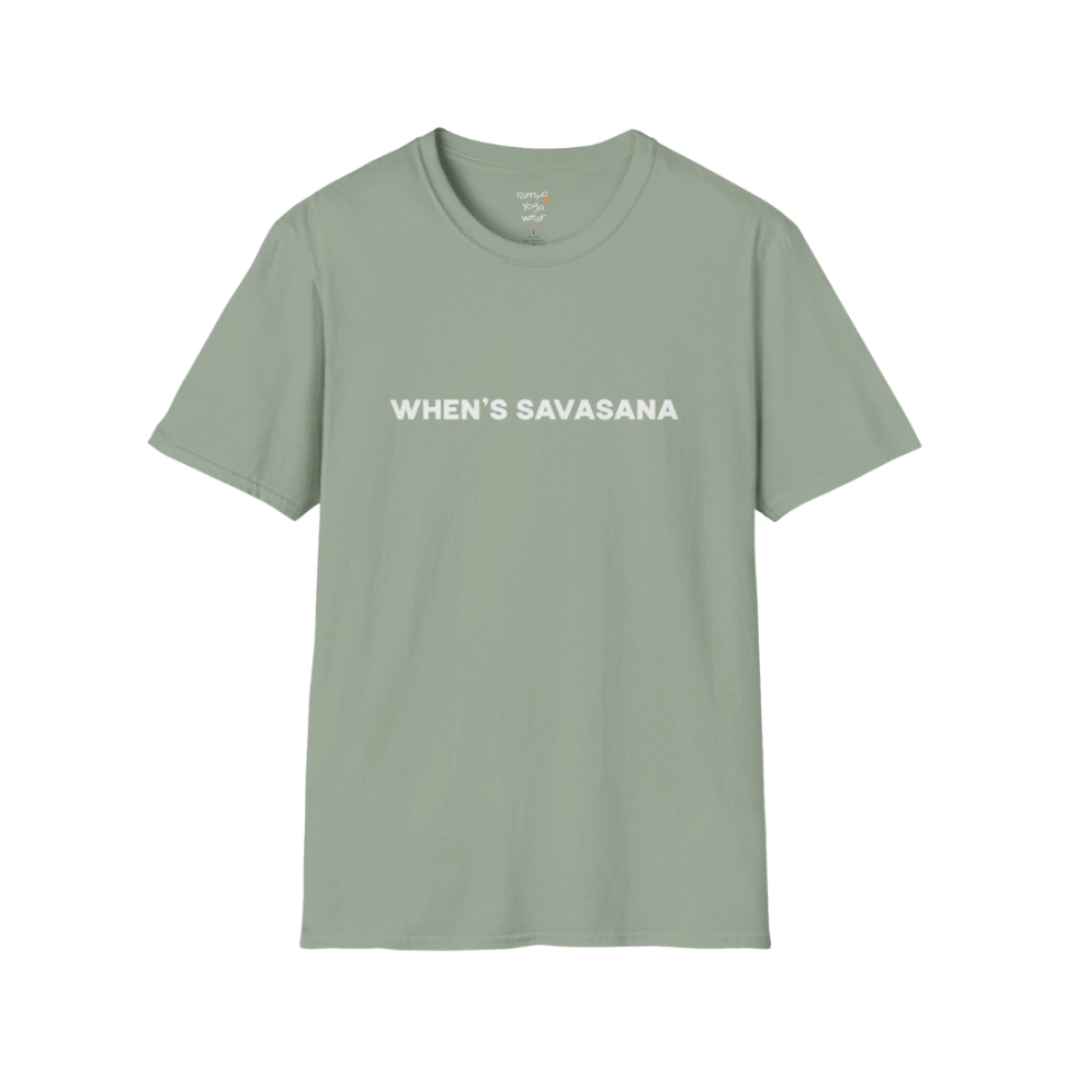 "When's Savasana" typography design on Sage tee — The Vault collection by Ramro Yoga Wear