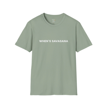 "When's Savasana" typography design on Sage tee — The Vault collection by Ramro Yoga Wear